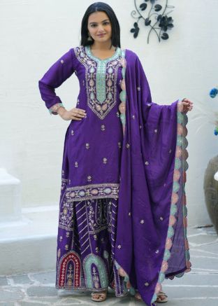 Purple Readymade Sharara Suit In Dori Embroidery