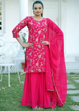 Pink Zari Embroidered Readymade Gharara Suit