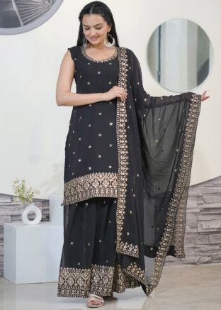 Black Georgette Sharara Suit In Zari Embroidery