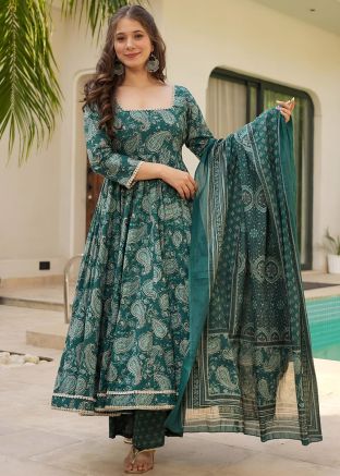 Readymade Teal Green Paisley Print Anarkali Suit