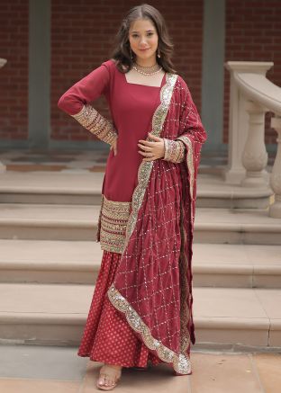 Red Embroidered Gharara Salwar Suit Set