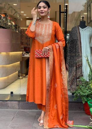 Readymade Orange Embroidered Pant Suit In Rayon