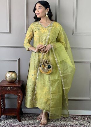 Readymade Green Floral Print Pant Suit In Cotton