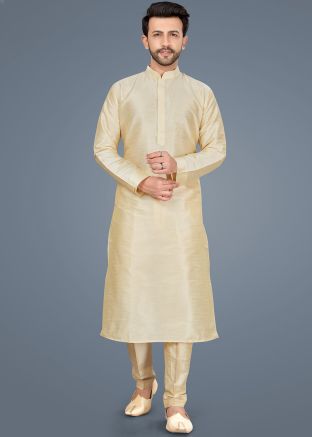Readymade Plain Cream Mens Kurta Pyjama In Silk