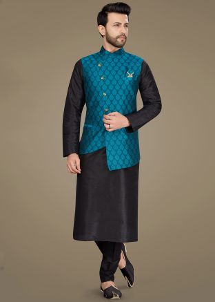 Black Readymade Kurta Pyjama With Asymmetric Jacket