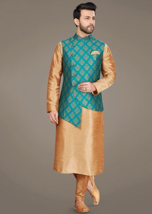 Readymade Asymmetric Jacket With Golden Kurta Pajama