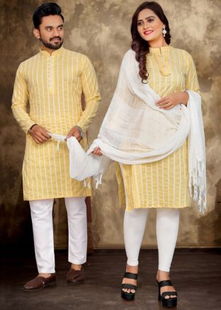 Readymade Light Yellow Couple Wear In Cotton