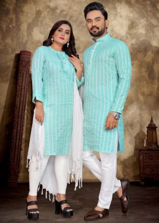 Readymade Turquoise Couple Wear In Cotton