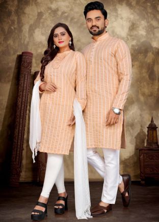 Readymade Peach Couple Wear In Stripe Print