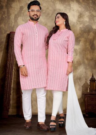 Readymade Pink Couple Wear In Stripe Print