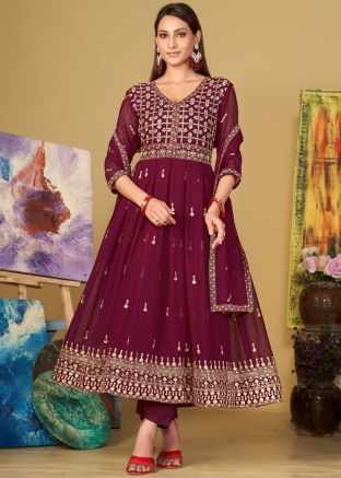 Maroon Embroidered Georgette Anarkali Suit Set