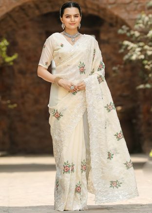 Cream Embroidered Saree In Chiffon