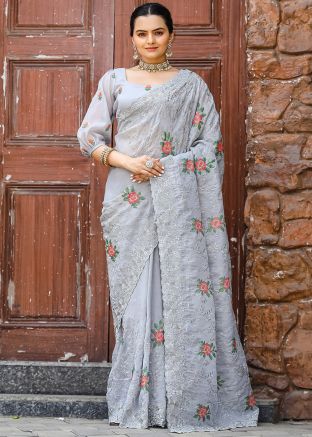 Grey Embroidered Saree In Chiffon