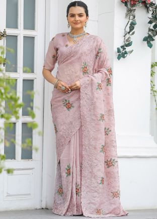 Pink Thread Embroidered Saree In Chiffon