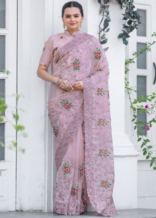 Pink Embroidered Saree In Chiffon & Blouse