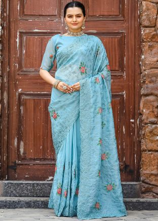 Blue Embroidered Saree In Chiffon