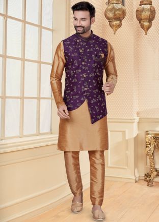 Brown Readymade Kurta Pajama With Asymmetric Jacket