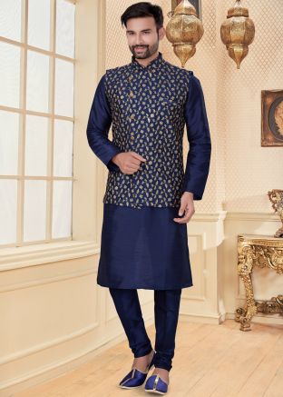 Nehru Jacket With Readymade Blue Kurta & Churidar
