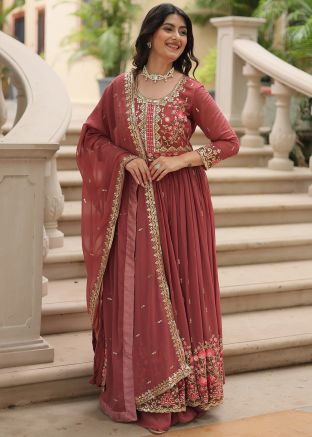 Readymade Brown Embroidered Georgette Sharara Suit