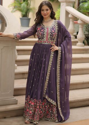 Readymade Purple Embroidered Georgette Sharara Suit