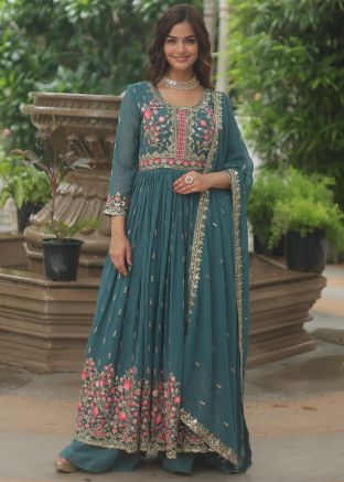 Teal Green Readymade Embroidered Sharara Suit Set