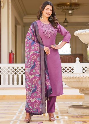 Purple Embroidered Salwar Suit Set In Georgette