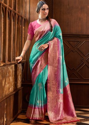 Turquoise Zari Woven Saree In Art Silk