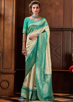 Cream Zari Woven Saree In Art Silk