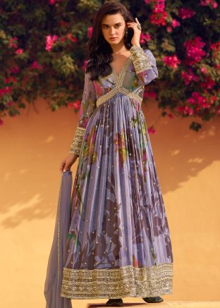 Lavender Readymade Floral Print Anarkali Suit