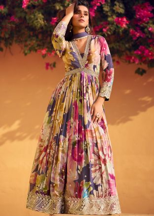 Multicolored Readymade Floral Print Anarkali Suit