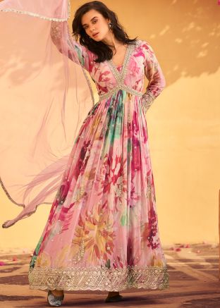 Readymade Pink Anarkali Suit In Floral Print