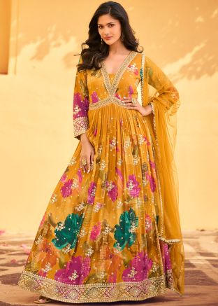 Readymade Yellow Chiffon Anarkali Suit In Floral Print