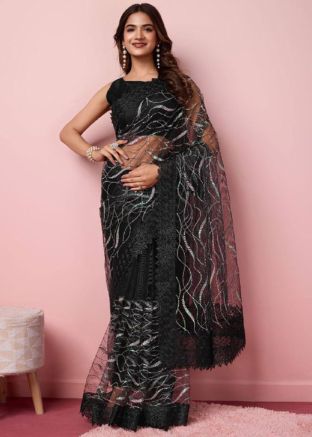 Black Embroidered Saree In Net