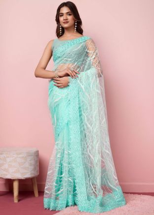 Blue Embroidered Saree In Net