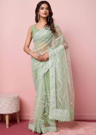 Green Embroidered Saree In Net