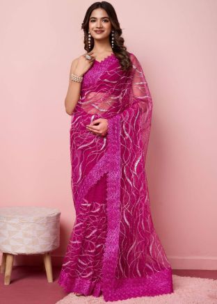 Pink Embroidered Saree In Net