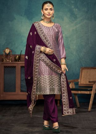 Purple Embroidered Salwar Suit Set In Art Silk