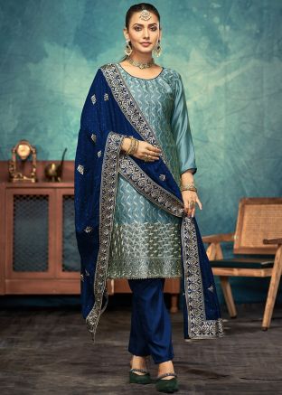 Blue Embroidered Art Silk Salwar Suit Set