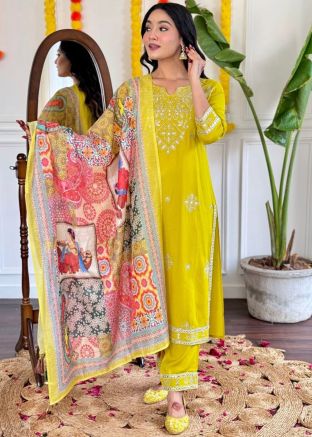 Yellow Embroidered Salwar Suit Set In Cotton