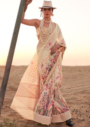 Cream Digital Printed Saree In Linen