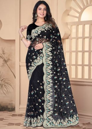 Black Thread Embroidered Net Saree