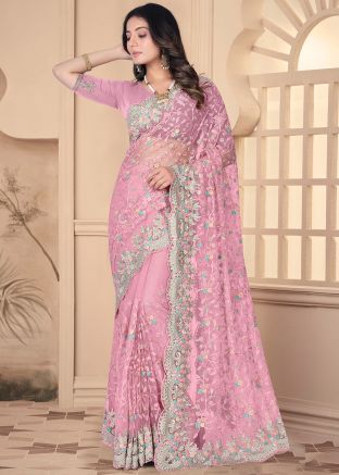Pink Embroidered Net Saree With Blouse