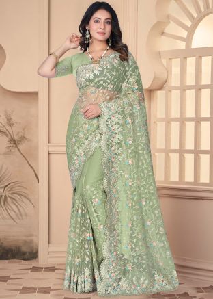 Pastel Green Embroidered Saree In Net
