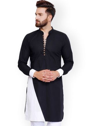 Black And White Paneled Readymade Indian Kurta For Men