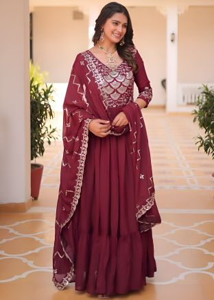 Maroon Embroidered Anarkali Salwar Suit Set In Georgette