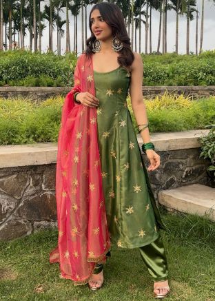 Readymade Green Embroidered Pant Suit In Art Silk