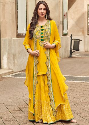 Yellow Embroidered Sharara Salwar Suit Set