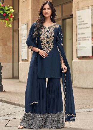 Blue Embroidered Gharara Salwar Suit Set