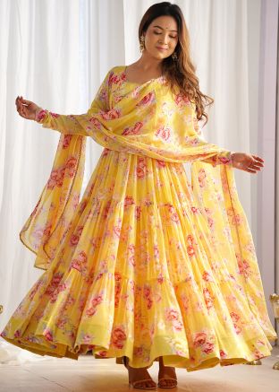 Yellow Floral Print Anarkali Salwar Suit Set