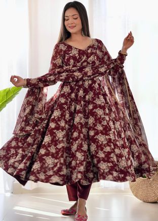 Maroon Floral Print Salwar Suit Set